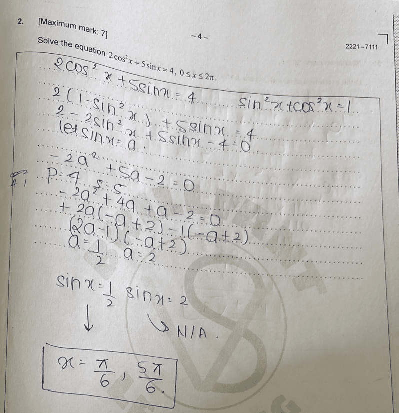 A scanned handwritten answer to a trigonometry question