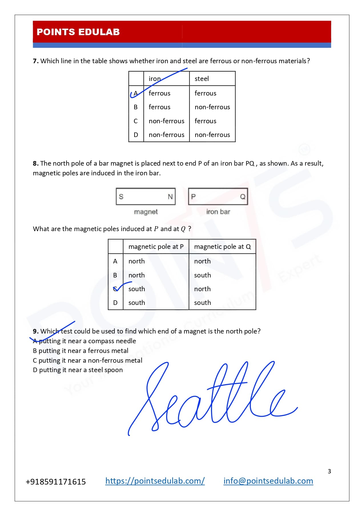 MCQ paper with answers — example answer sheet 3